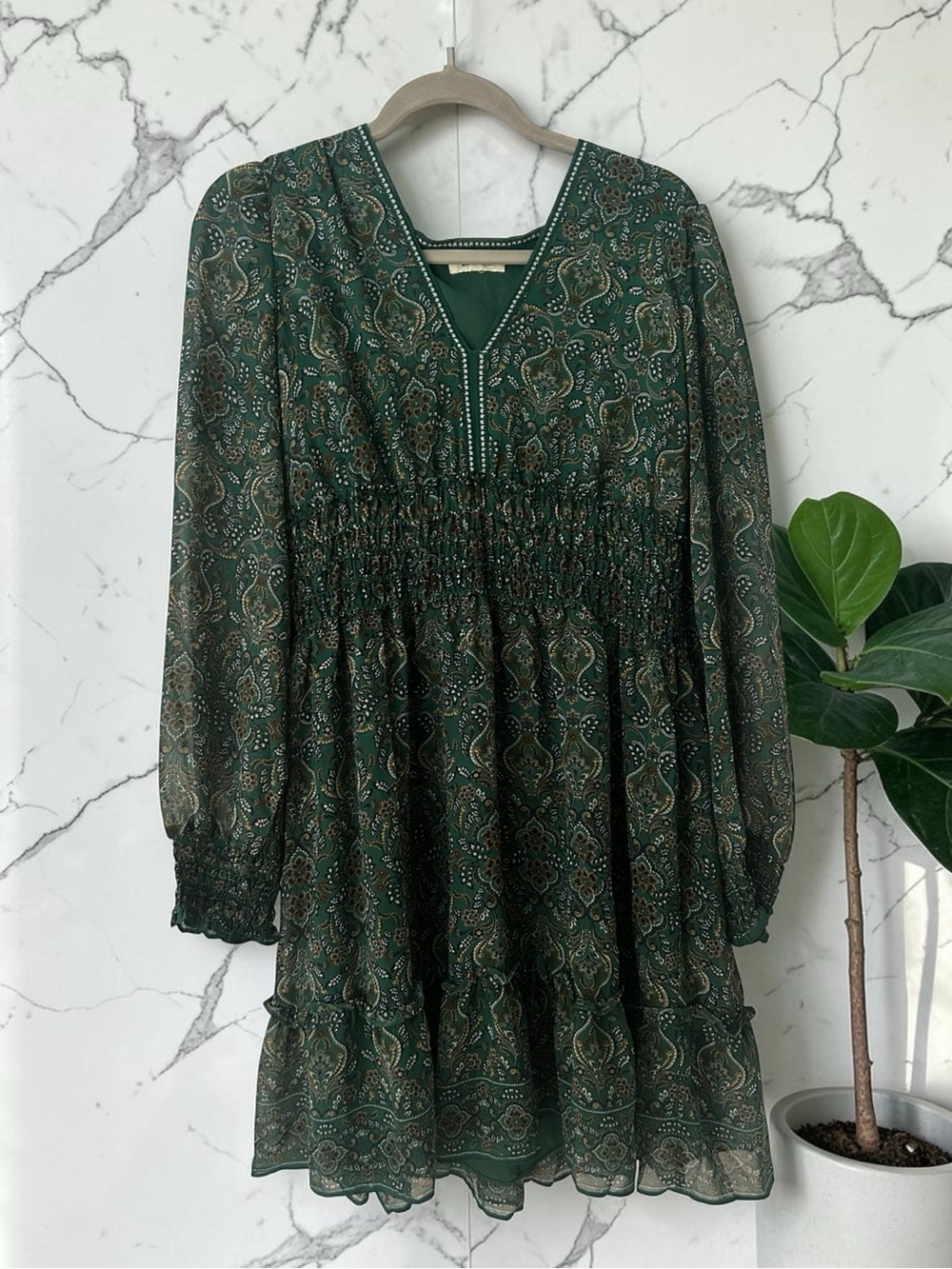 Max Studio Dark Green Paisley V-Neck Smocked Mini Dress